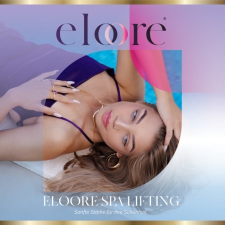 Frau mit perfekt geschwungenen Wimpern und Augenbrauen nach der Anwendung von eloore cysteamine lash & brow perming lotion.